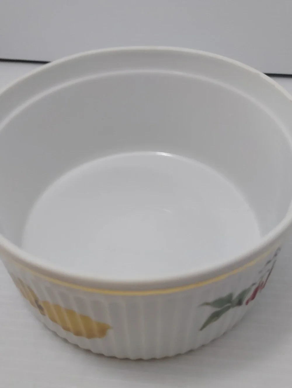 Royal Worcester Evesham White Porcelain Souffle Dish with Green and Gold Accents